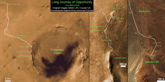 Traverse Map for NASA’s Opportunity rover from 2004 to 2013. This map shows the entire path the rover has driven during more than 9 years and over 3387 Sols, or Martian days, since landing inside Eagle Crater on Jan 24, 2004 to current location near foothills of Solander Point at the western rim of Endeavour Crater. Opportunity discovered clay minerals at Esperance - indicative of a habitable zone. Credit: NASA/JPL/Cornell/ASU/Marco Di Lorenzo/Ken Kremer