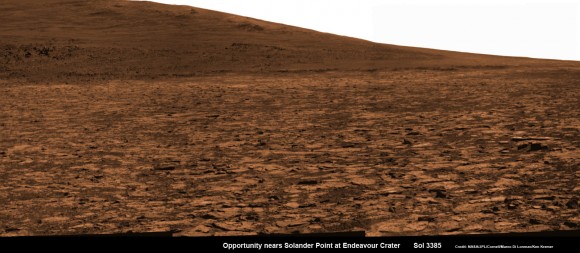 Opportunity snap up close view of the base of Solander Point and mountain slopes she will ascend soon. This hi res pancam camera mosaic was assembled from raw images taken on Sol 3385 (Aug 2, 2013). Credit: NASA/JPL/Cornell/ASU/Marco Di Lorenzo/Ken Kremer (kenkremer.com)