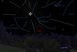 The radiant for the Persieds, looking to the NE from latitide ~30N at around 2AM local. Created by the Author in Starry Night).