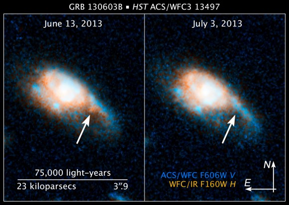 Los restos de una explosión de rayos gamma (llamada GRB 130603B) son visibles en las imágenes del Telescopio Espacial Hubble.  Crédito: NASA, ESA, y Z. Levay (STScI / AURA)