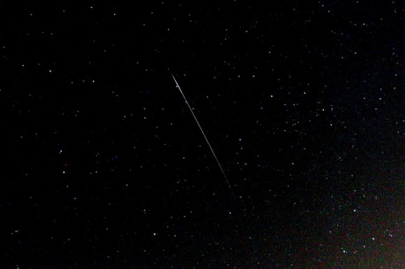 A persistent Perseid on August 11, 2013. Shot with Canon T1i/500D with Samyang 8mm fisheye. F5.6 / 3200ISO / 30s. Credit and copyright: darethehair on Flickr.
