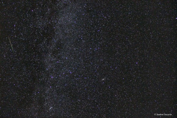 Can you spot a total of 6 meteors in this image? (two are very faint). This is a composite of 3 pictures stacked, each picture taken with a Canon 550D @18mm 30s Exposure at ISO 3200. Credit and copyright: Andrei Juravle.