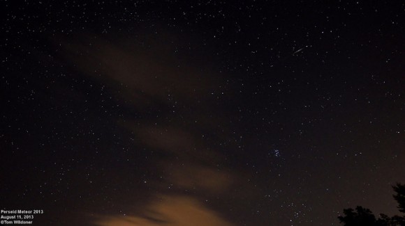 Perseid meteor photographed on August 11, 2013 at 0255 EDT through broken clouds, Weatherly, PA. 20 second exposure, ISO 1600 using a Samyang 14mm lens. Credit and copyright: Tom Wildoner.