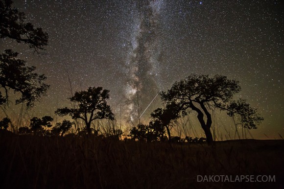 Meteor with persistent train, taken on October 6th, 2012, from the same spot a similar image was taken a year earlier. Credit and copyright: Randy Halverson/dakotalapse.