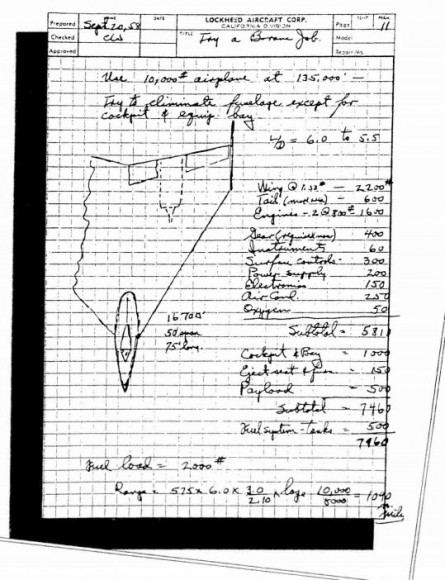 A handwritten document about the U-2 spyplane design that was included in the information released by the CIA about test flights and Area 51.