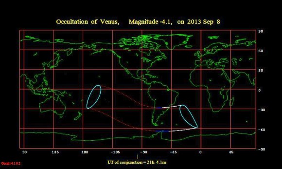 The occultation of Venus by the Moon; the footprint over South America. (Credit: Occult 4.1.0.2).