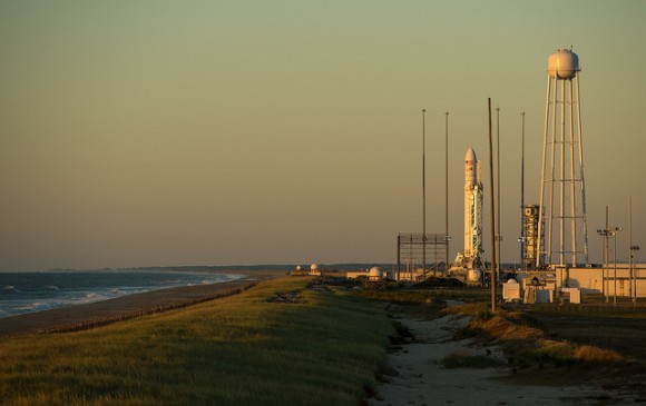The Orbital Sciences Corporation Antares rocket, with its Cygnus cargo spacecraft aboard, is seen during sunrise on the Mid-Atlantic Regional Spaceport (MARS) Pad-0A at the NASA Wallops Flight Facility, Tuesday, Sept. 17, 2013 in Virginia. NASA's commercial space partner, Orbital Sciences Corporation, is targeting a Sept. 18 launch for its demonstration cargo resupply mission to the International Space Station. Photo Credit: (NASA/Bill Ingalls)