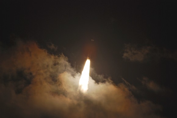 ...and come out the top, amid the night, resplendent on a seething tower of dawn and thunder. Credit and copyright: John O'Connor/nasatech.net.