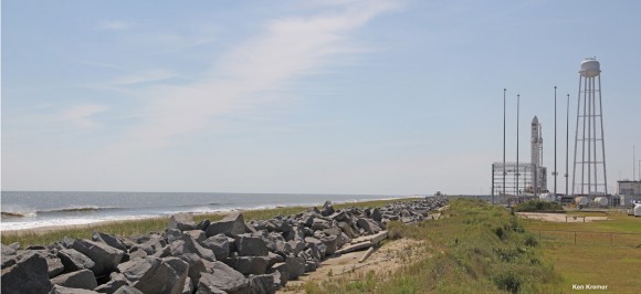 Seaside panoramic view of Antares rocket and Cygnus spacecraft after rollout to Launch Pad 0A at NASA Wallops at the Virginia Eastern Shore on Sept. 13, 2013. Blastoff for the ISS is slated for Sept. 18, 2013 at 10:50 a.m. EDT Credit: Ken Kremer (kenkremer.com)