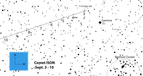 Comet ISON's position plotted for 5 a.m. Central Daylight Time tomorrow through the 10th. Stars are shown to 12th magnitude. Click for larger version. Created with Chris Marriott's SkyMap Pro program