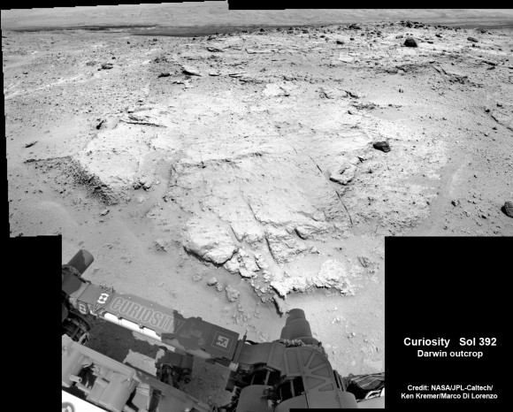 Curiosity investigates the ‘Darwin’ rock outcrop up close after arriving for a short stay at ‘Waypoint 1’ on Sept 12 (Sol 392). This photo mosaic was assembled from navcam images taken on Sept 12, 2013. Credit: NASA/JPL-Caltech/Ken Kremer/Marco Di Lorenzo