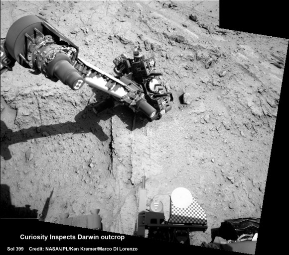 Curiosity deploys robot arm to investigate the ‘Darwin’ rock outcrop up close at ‘Waypoint 1’ on Sept 20 (Sol 399). This photo mosaic was assembled from navcam images taken on Sept 20, 2013. Credit: NASA/JPL-Caltech/Ken Kremer/Marco Di Lorenzo