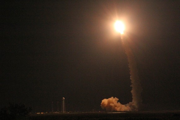 Launch of NASA’s LADEE lunar orbiter on Friday night Sept. 6, at 11:27 p.m. EDT on the maiden flight of the Minotaur V rocket from NASA Wallops, Virginia, viewing site 2 miles away. Antares rocket launch pad at left. Credit: Ken Kremer/kenkremer.com