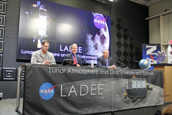LADEE post launch news briefing at NASA Wallops, VA with Air Force Col. Urban Gillespie, Minotaur mission director from the Space Development and Test Directorate, John Grunsfeld, Astronaut and NASA Associate Administrator for Science, Pete Worden, Director of NASA’s Ames Research Center. Credit: Ken Kremer/kenkremer.com