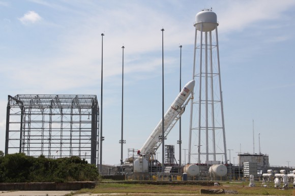 Antares rocket raised at NASA Wallops launch pad 0A bound for the ISS on Sept 18, 2013. Credit: Ken Kremer (kenkremer.com)