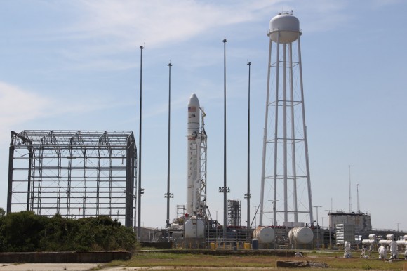 Antares rocket and Cygnus spacecraft after rollout to Launch Pad 0A at NASA Wallops Flight Facility Facility, VA.,on Sept. 13, 2013. Blastoff is slated for Sept. 18, 2013 at 10:50 a.m. EDT. LADEE launch pad 0B stands adjacent to right of Antares. Credit: Ken Kremer (kenkremer.com)