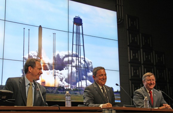 NASA and Orbital Sciences officials brief reporters at the Antares post launch press conference on Sept 18; Robert Lightfoot, NASA Associate Administrator, Alan Lindenmoyer, NASA’s program manager for commercial crew and cargo, Frank Culbertson, Orbital Sciences Executive VP. Credit: Ken Kremer (kenkremer.com)