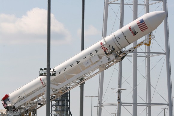 Antares rocket raised at NASA Wallops launch pad 0A bound for the ISS on Sept 18, 2013. Credit: Ken Kremer (kenkremer.com)