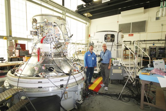 Chris Angulo, LADEE Program Engineering manager of Orbital Sciences, and Ken Kremer of Universe Today inspect the 4th and 5th stages of maiden Minotaur V rocket propelling NASA’s LADEE spacecraft to the Moon on Sept. 6 from NASA Wallops in Virginia. Credit: Ken Kremer/kenkremer.com