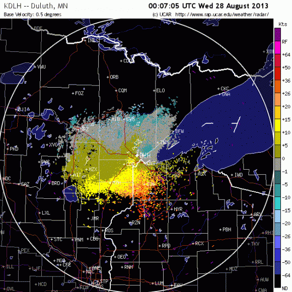 Check out this animated wave of bird migration after sunset on Aug. 27, 2013 made with NEXRAD. Birds are visible funneling down both shores of Lake Superior and moving south of Duluth, Minn (city at center). Credit: NWS