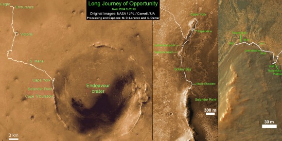 Traverse Map for NASA’s Opportunity rover from 2004 to 2013. This map shows the entire path the rover has driven during more than 9 years and over 3431 Sols, or Martian days, since landing inside Eagle Crater on Jan 24, 2004 to current location at foothills of Solander Point at the western rim of Endeavour Crater. Rover is now ascending Solander. Opportunity discovered clay minerals at Esperance - indicative of a habitable zone. Credit: NASA/JPL/Cornell/ASU/Marco Di Lorenzo/Ken Kremer
