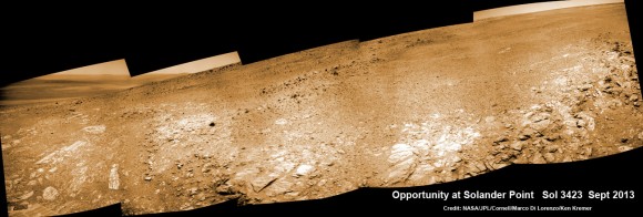 Opportunity scans Solander Point from a slope at the northern tip as she circles around the surrounding bench. This navcam camera mosaic was assembled from raw images taken on Sol 3423 (Sept. 2013). Credit: NASA/JPL/Cornell/Marco Di Lorenzo/Ken Kremer