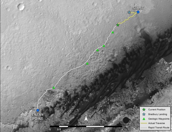 Curiosity's Progress on Rapid Transit Route from 'Glenelg' to Mount Sharp.  Triangles indicate geologic 'Waypoint' stopping points along the way.  Curiosity arrived at Waypoint 1 on Sol 392 (Sept 12, 2013). Credit: NASA   