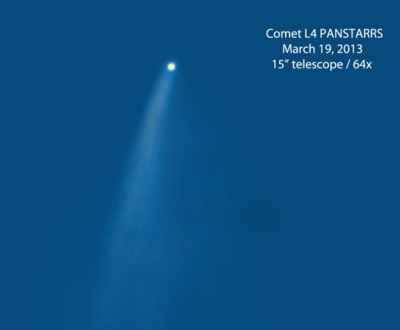 The highlight of seeing the comet through the telescope was its brilliant, pea-like false nucleus glowing yellow from sunlit dust. The real comet nucleus – the actual comet – lies within the false nucleus and shrouded by dust. Drawing: Bob King