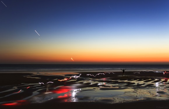A calm and peaceful moment on a beautiful beach, with a planetary alignment between planets, Saturn (in the top left corner), Venus and Spica star (in the center image), and the crescent Moon above the horizon, as seen on September 7, 2013. Credit and copyright: Miguel Claro.