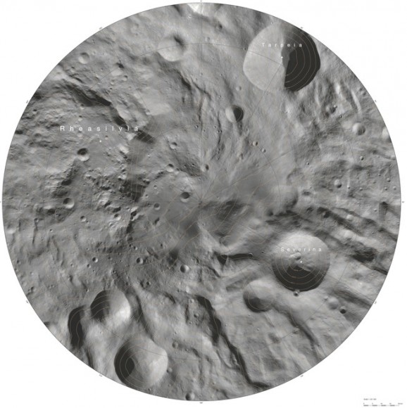 An atlas of the asteroid, Vesta, created from mosaics of 10 000 images from Dawn’s framing camera (FC) instrument, taken during the Dawn Mission’s Low Altitude Mapping Orbit (LAMO) an altitude of around 135 miles (210 kilometres). Credit: European Space Agency