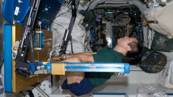 Japan Aerospace Exploration Agency astronaut Koichi Wakata exercises using the Advanced Resistive Exercise Device (ARED) in the International Space Station. (NASA)