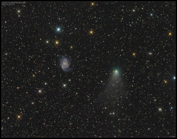 The current brightest comet in the skies, Comet C/2012 V2 LINEAR, appears to pass by the bright spiral galaxy NGC 2997 in Antlia on September 29, 2013. Credit and copyright: Damian Peach.