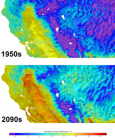 On this map of Nevada - northern California are superimposed graphics representing the average temperatures in the 1950s (top) and projected temperatures for the 2090s. Credit: NASA