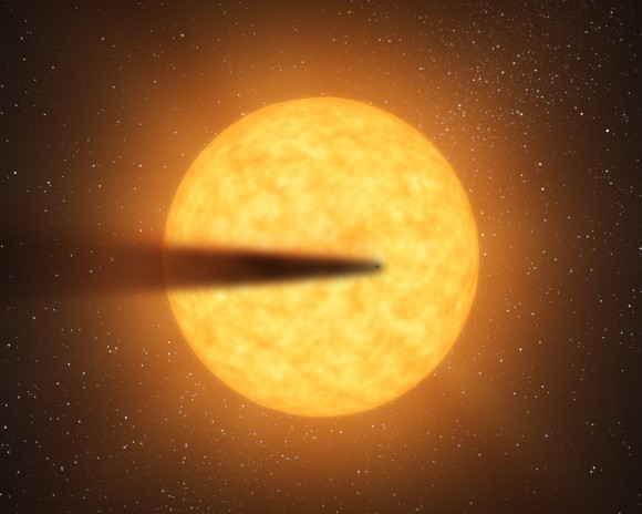 An artist's conception of a disintegrating planet - creating a trail of dust - around its rocky star. 