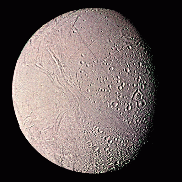 Encaladus, a moon of Saturn, as shown in this Voyager 1 image. Credit: NASA
