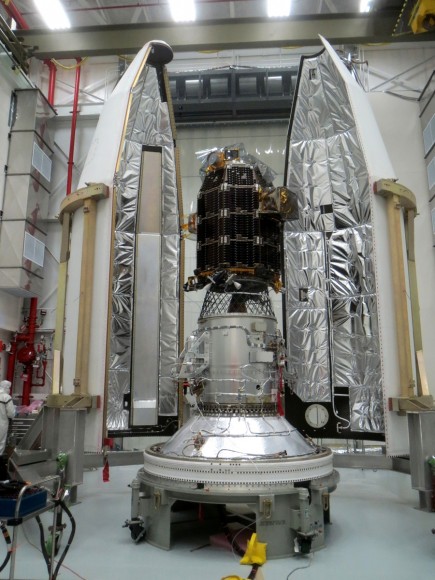 Engineers from NASA's Ames Research Center have successfully completed launch preparation activities for blastoff of NASA's Lunar Atmosphere and Dust Environment Explorer (LADEE) observatory on Sept. 6. The revolutionary modular science probe has been encapsulated into the nose-cone of the maiden Minotaur V rocket at NASA's Wallops Flight Facility. Credit: NASA Ames