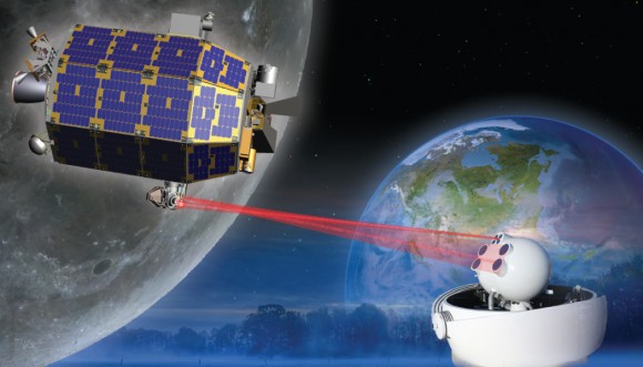 The LADEE satellite in lunar orbit. The revolutionary modular science probe is equipped with a Lunar Laser Communication Demonstration (LLCD) that will attempt to show two-way laser communication beyond Earth is possible, expanding the possibility of transmitting huge amounts of data. This new ability could one day allow for 3-D High Definition video transmissions in deep space to become routine. Credit: NASA