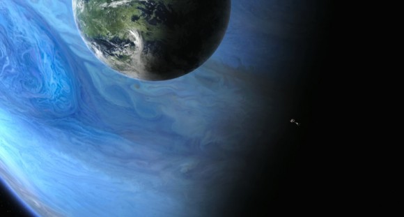 Artist's conception of an Earth-like exomoon orbiting a gaseous planet. Image credit: Avatar, 20th Century Fox