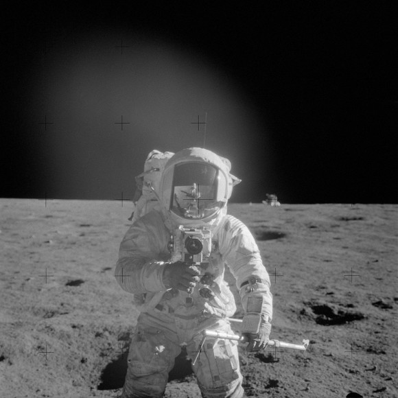 Apollo 12 commander Pete Conrad on the moon in 1969. The glow is due to the sun being at a low angle, NASA says. Credit: NASA