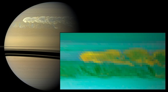 This set of images from NASA's Cassini mission shows the turbulent power of a monster Saturn storm. The visible-light image in the back, obtained on Feb. 25, 2011, by Cassini's imaging camera, shows the turbulent clouds churning across the face of Saturn. The inset infrared image, obtained a day earlier, by Cassini's visual and infrared mapping spectrometer, shows the dredging up of water and ammonia ices from deep in Saturn's atmosphere. This was the first time water ice was detected in Saturn's atmosphere. Credit: NASA/JPL-Caltech/SSI/Univ. of Arizona/Univ. of Wisconsin
