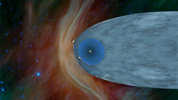 This artist's concept shows the general locations of NASA's two Voyager spacecraft. Voyager 1 (top) has sailed beyond our solar bubble into interstellar space, the space between stars. Its environment still feels the solar influence. Voyager 2 (bottom) is still exploring the outer layer of the solar bubble. Image credit: NASA/JPL-Caltech