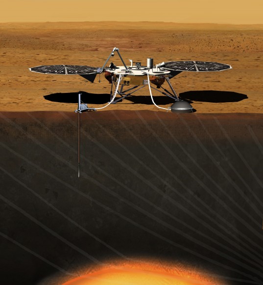 This artist's concept depicts the stationary NASA Mars lander known by the acronym InSight at work studying the interior of Mars. Image credit: JPL/NASA