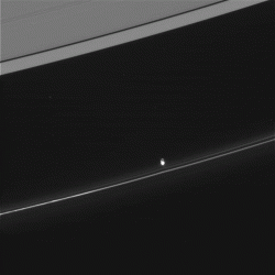 Watch the 50-mile-wide Prometheus dip into the F ring (CLICK TO PLAY) NASA/JPL/SSI. Animation by J. Major.