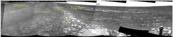 In the above Navcam panorama acquired on mid-morning on September 18 (sol 3431), you can see the contact between the younger Burns Formation sulfate-rich sands on the right and the older rocks of Endeavour crater on the left. We will probably follow this contact for ways to the south before starting the climb next week. Caption and Credit: NASA/JPL/Larry Crumpler