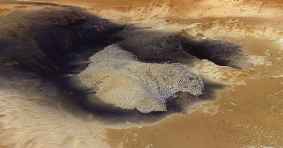The dark material in Becquerel crater  on Mars might have come from a volcanic eruption. Credit: ESA/DLR/FU Berlin (G. Neukum)