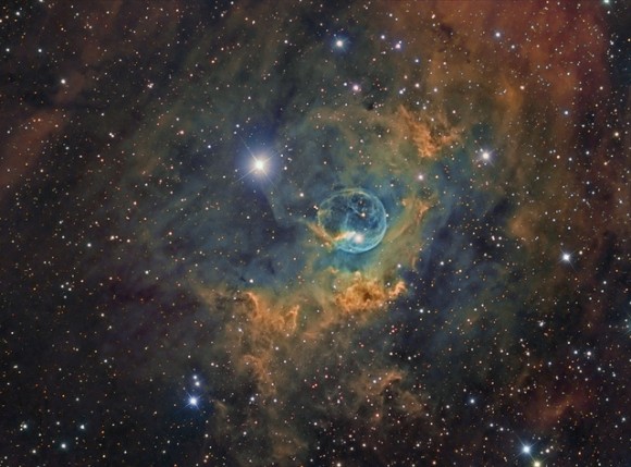 The Bubble Nebula, also known as NGC 7635, seen in the Hubble Palette. Credit and copyright: Terry Hancock. 