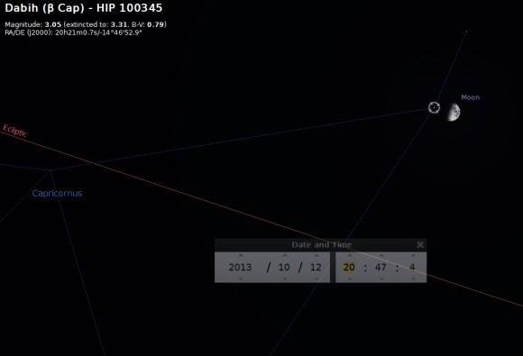 Beta Capricorni on the dark limb of the Moon Saturday night. (Created by the author using Starry Night).