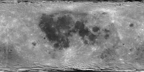 The dramatic difference between near side and far side shows up in this much more recent global map of the map made by Clementine Mission in 1994. The map is centered on the near side with its many lunar "seas" or maria. The far side trails off to the left and right of center. Mare Moscoviense is at upper right. Credit: NASA