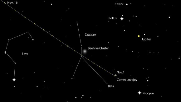 etailed (updated) map showing Comet Lovejoy's progress across Cancer in the coming days. It passes very close to the Beehive Cluster on Nov. 6-7. Click for a larger version you can print and use under the stars. All dates are at 6 a.m. CDT; north is up and west to the right and stars are shown to mag. 5. All closeup charts created with Chris Marriott's SkyMap software