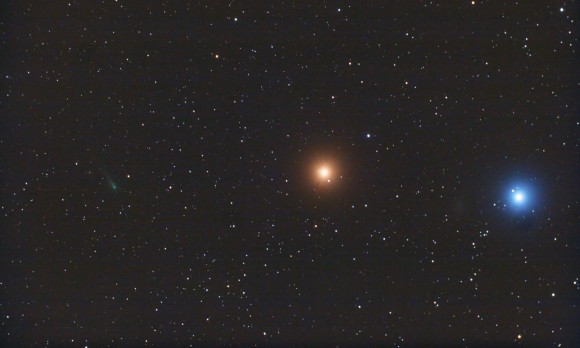 Triple conjunction of Comet ISON, Mars, Regulus on October 14, 2013, as seen from Payson, Arizona, USA. Credit and copyright: Chris Schur.